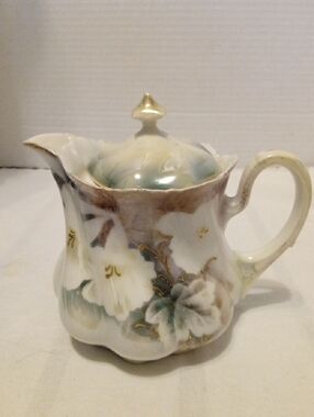 RS Germany 1910  Porcelain  Floral Creamer Pitcher in White and Gold